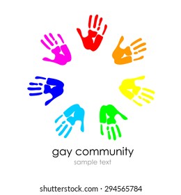 multicolored hand prints icon, idea for a social logo for gays and lesbians organizations, template design - symbol of team, friendship, united , support, family, relationships. white background