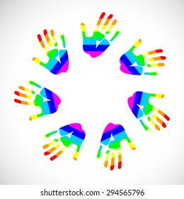 multicolored hand prints icon, idea for a social logo for gays and lesbians organizations, template design - symbol of team, friendship, united , support, family, relationships. white background