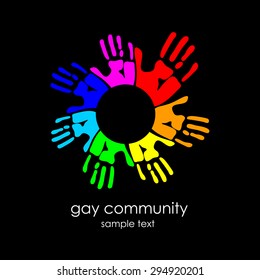 multicolored hand prints icon, idea for a social logo, for gays and lesbians organizations , template design - symbol of team, friendship, united , support, family, relationships. black background