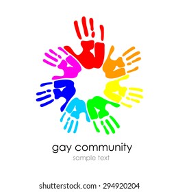 multicolored hand prints icon, idea for a social logo, for gays and lesbians organizations , template design - symbol of team, friendship, united , support, family, relationships. white background