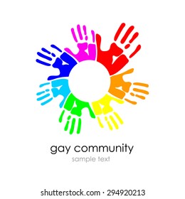 multicolored hand prints icon, idea for a social logo, for gays and lesbians organizations , template design - symbol of team, friendship, united , support, family, relationships. white background