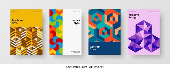 Multicolored handbill design vector concept collection. Vivid mosaic hexagons company brochure illustration composition.