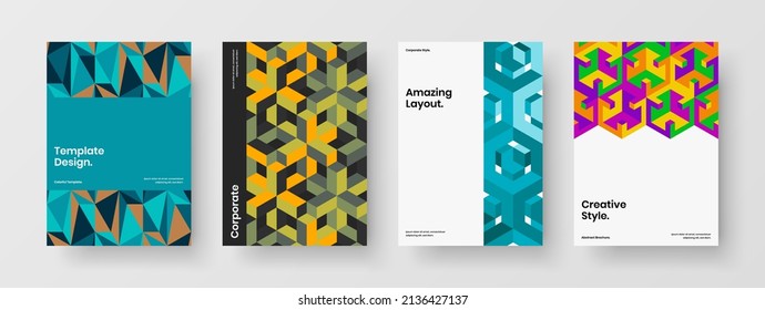 Multicolored handbill design vector layout collection. Trendy mosaic pattern poster concept bundle.