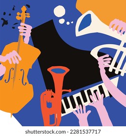 Multicolored hand-drawn jazz music poster with piano, trumpet and violoncello. Artsy design for promo flyer or invitation. Colorful concert event doodle art background with musical instruments