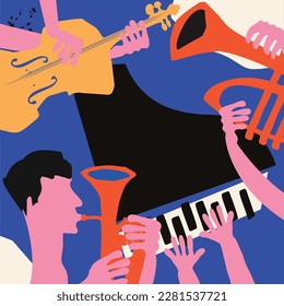 Multicolored hand-drawn jazz music poster with piano, trumpet and violoncello. Artsy design for promo flyer or invitation. Colorful concert event doodle art background with musical instruments