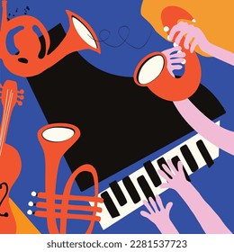 Mehrfarbiges, handgezeichnetes Jazz-Musikposter mit Klavier, Trompete, französischem Horn und Sax. Künstliches Design für Promo-Flyer oder Einladung. Farbenfrohe Konzertveranstaltung Dodle Art Hintergrund mit Musikinstrumenten