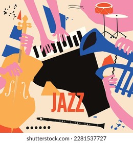 Mehrfarbiges, handgezeichnetes Jazzmusik-Poster mit Klavier, Trompete und Violoncello. Künstliches Design für Promo-Flyer oder Einladung. Farbenfrohe Konzertveranstaltung Dodle Art Hintergrund mit Musikinstrumenten