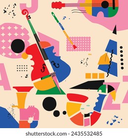  Afiche de sesión de jazz dibujado a mano multicolor con piano, saxo, guitarra, trompeta y violoncello. Folleto promocional o invitación artística. Colorido concierto evento doodle fondo con instrumentos musicales.