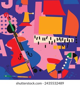 Multicolored hand-drawn jazz music session poster. Artsy promo flyer or invitation. Colorful concert event doodle background with musical instruments.