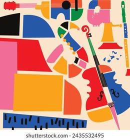 Afiche de sesión de jazz dibujado a mano multicolor con piano, saxo, guitarra, trompeta y violoncello. Folleto promocional o invitación artística. Fondo colorido del doodle del evento del concierto con los instrumentos musicales