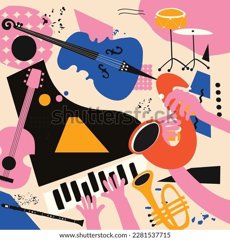 Multicolored hand-drawn jazz music session poster with piano, sax, guitar, trumpet and violoncello. Artsy promo flyer or invitation. Colorful concert event doodle background with musical instruments