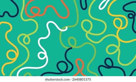 Multicolored hand-drawn squiggle lines in white, red, yellow, black, and green on teal. A lively and fun design with a dynamic and artistic vibe.
