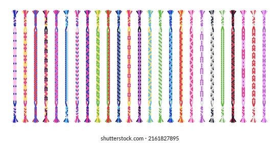 Multicolored handmade friendship bracelets set of threads or beads. Macrame normal pattern tutorial. Vector cartoon isolated illustration.