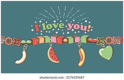 Multicolored handmade girly beads and the inscription on top - I Love You. Card, flyer or other. Version 5. Vector illustration