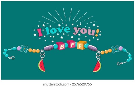 Multicolored handmade girly beads and the inscription on top - I Love You. Card, flyer or other. Version 2. Vector illustration