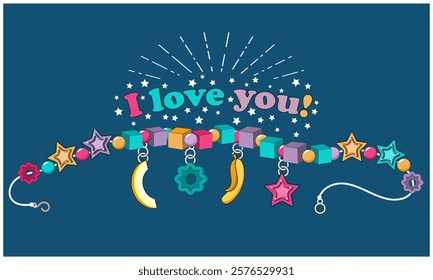 Multicolored handmade girly beads and the inscription on top - I Love You. Card, flyer or other. Version 3. Vector illustration