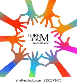 Multicolored hands around. frame from rainbow hands. Vector illustration
