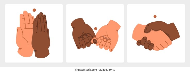 Multicolored hands with different items. Mega set. Sticker or icon. Vector illustration.