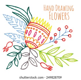 multicolored hands drawing flowers - vector trace illustration