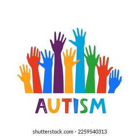 Manos multicolores, emblema o símbolo del trastorno del autismo. Silhouettes levantado a mano. Conciencia del autismo. Ilustración del vector