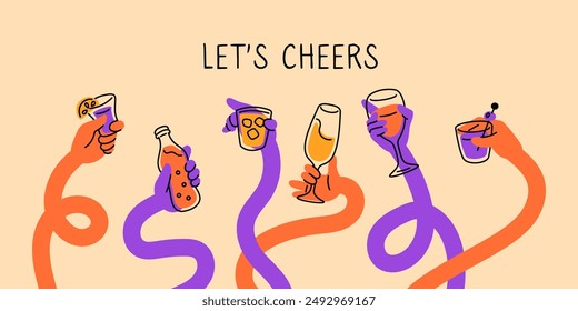 Multicolored hands holding glasses. Cheers human arms gesture. Drink with friends. Bar party time. Celebration process. Alcohol beverage. Long curve tangled limbs. Garish