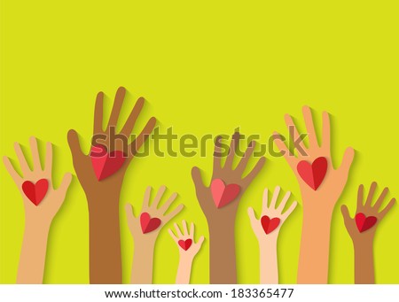 Multicolored hands holding red heart. Vector EPS10.
