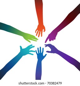 Multicolored hands on a white background