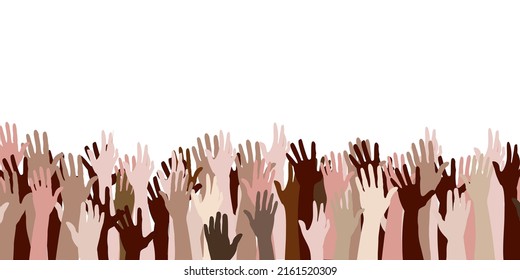 Multicolored hands raised up. Allyship, coworking, different ethnicity friendship concept. Vector EPS 10 illustration.