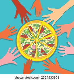 Mãos multicoloridas se estendem em direção a uma grande pizza na mesa de jantar. A pizza foi cortada em fatias.
