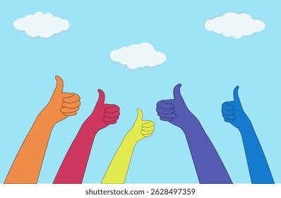 multicolored hands thumbs up on blue sky background with clouds, rainbow, hands, thumbs up, peace, society, sky, clouds