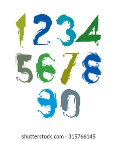 Multicolored handwritten numbers, vector doodle brushed figures, hand-painted set of numbers with brushstrokes.