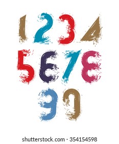 Multicolored handwritten numbers, vector doodle brushed figures, hand-painted set of numbers with brushstrokes.