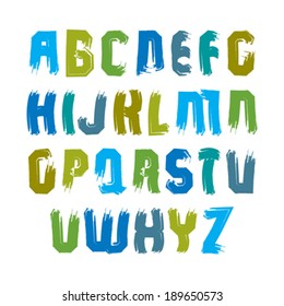 Multicolored handwritten uppercase letters, vector doodle brush typescript, hand-painted set of letters with brushstrokes.