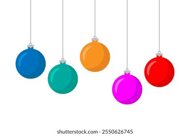 Multicolored hanging Christmas tree balls. Colored silhouette. Horizontal front side view. Vector simple flat graphic illustration. Isolated object on white background. Isolate.