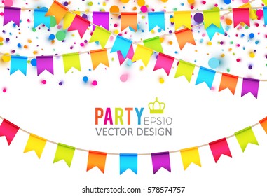 Multicolored Hanging Garlands. Party, Holiday and Sale Banner. Flags and Confetti. Party Space.