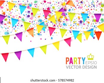 Multicolored Hanging Garlands. Party, Holiday and Sale Banner. Flags and Confetti. Party Space.