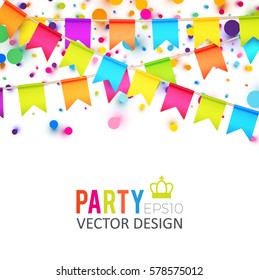 Multicolored Hanging Garlands. Party, Holiday and Sale Banner. Flags and Confetti. Party Space.