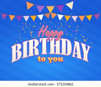 Multicolored Happy Birthday Celebration Design, Vector Ornament Elements, Greeting Card Template Blue Colors Background