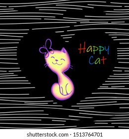 multi-colored happy cat with butterfly on a black-striped background in a heart