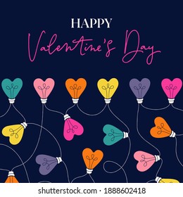 Multi-colored Happy Valentine's Day Holiday Heart String Lights on Dark Background Square Gift Card. Square Rainbow Festive Holiday Copy Space Banner Web. Typography and Lettering