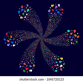Multicolored Hatch Chick curl flower shape on a dark background. Suggestive cluster done from random hatch chick items.