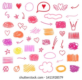 Multicolored hatching backgrounds with array of lines. Different signs on white. Abstract symbols. Hand drawn tangled patterns. Sketchy elements for your design. Colorful illustration