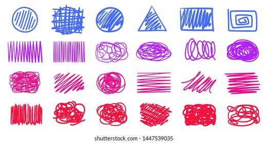 Multicolored hatching shapes with array of lines on white. Wavy geometric samples. Hand drawn tangled patterns. Colorful illustration. Sketchy elements for design