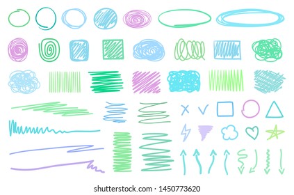 Multicolored hatching shapes with array of lines on white. Wavy geometric samples. Hand drawn tangled patterns. Colorful illustration. Sketchy elements for design