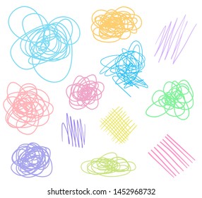 Multicolored hatching shapes with array of lines on white. Wavy samples. Hand drawn tangled patterns. Colorful illustration. Sketchy elements for design