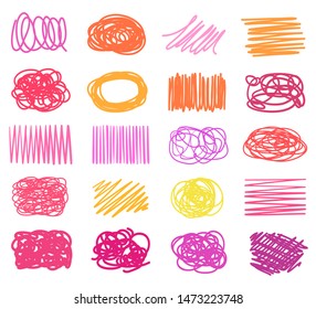 Multicolored hatching shapes with array of lines on white. Tangle samples. Hand drawn tangled patterns. Colorful illustration. Sketchy elements for your design