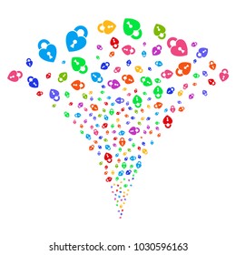 Multicolored Heart Lock festive fountain. Object fountain made from random heart lock pictograms as fireworks. Vector illustration style is flat iconic symbols with psychedelic colors.