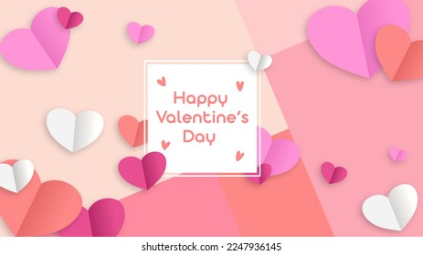 Multicolored heart paper hearts with white square frame. Cute love sale banner or greeting card. Valentine's day concept background 