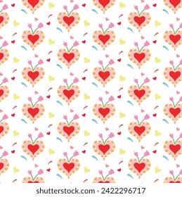 Multicolored heart with pink flowers without background, vector pattern.