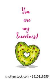 Multicolored heart shaped donut. Love and Valentine's Day. Vector illustration for postcard or poster, stylish print for t-shirt. Lettering.